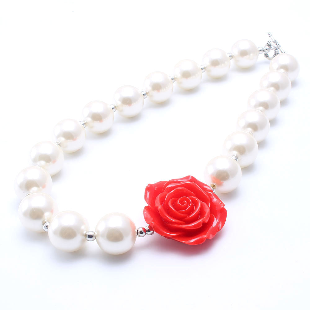 Wholesale Red Flower Beige Pearl Children's Beaded Necklace